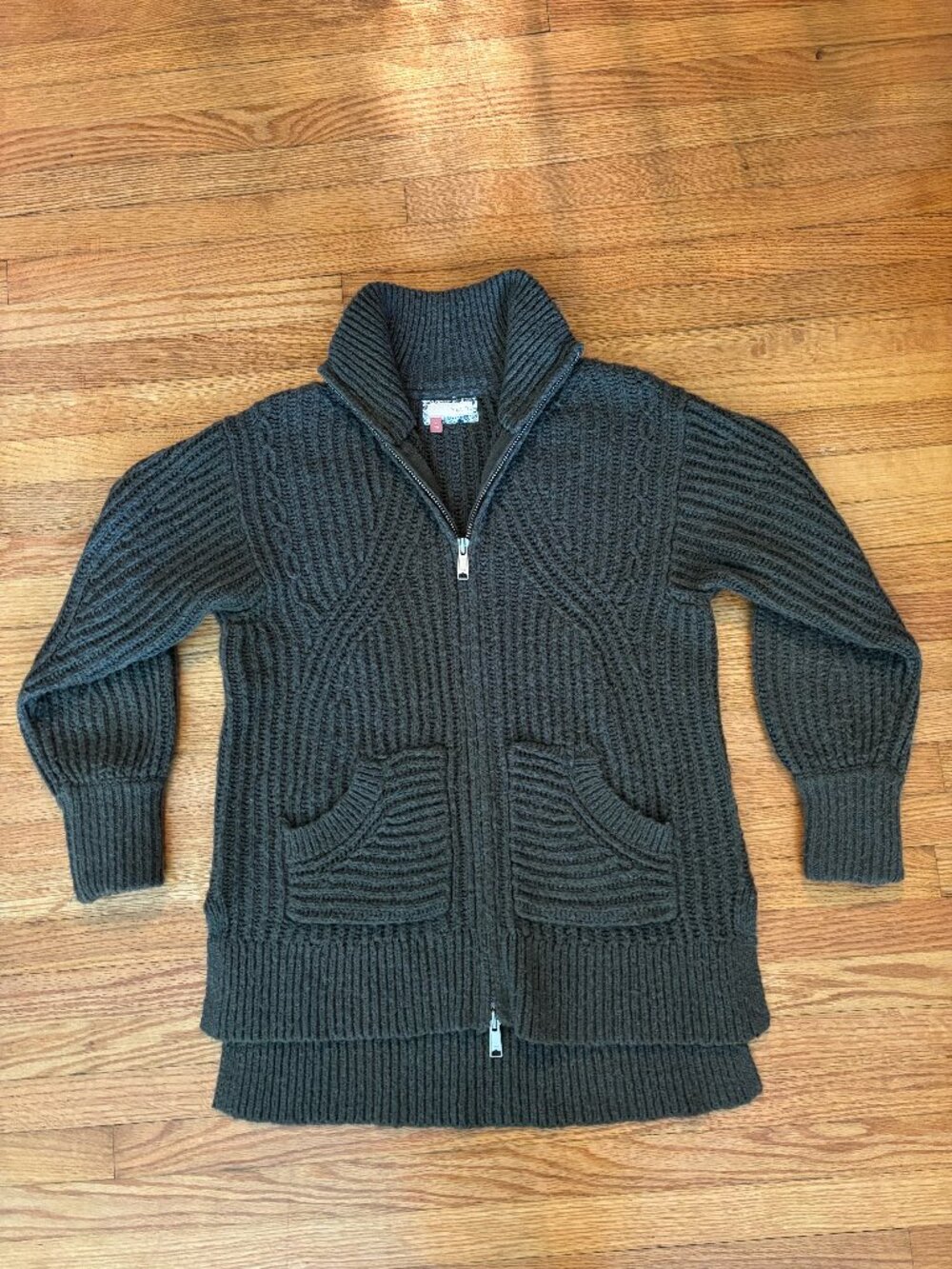 Anthropologie Pilcro Zip Front Longline Cardigan Olive Green Ribbed Sweater S